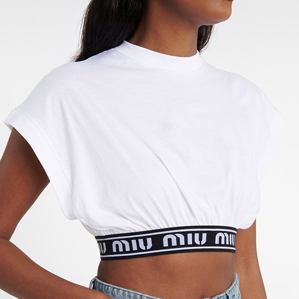 ☆ミュウミュウ☆ ロゴバンド×クロップド丈?コットンTシャツコピー?