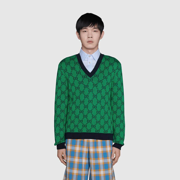 グッチ セーター トップス ウール 綿 緑 Vネック GG 新 男 プレタ 661155 XKBXI 3465