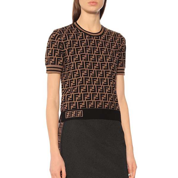 フェンディ 偽物 ☆FFロゴ?インターシャニット 半袖 トップ
