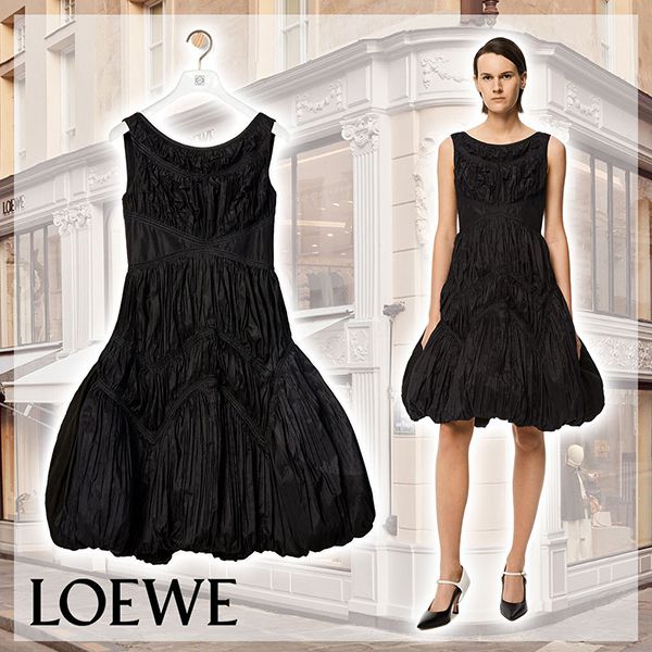 ロエベ◆ 2021新作 リネン ギャザー ドレスコピー ブラックS540Y09XA7
