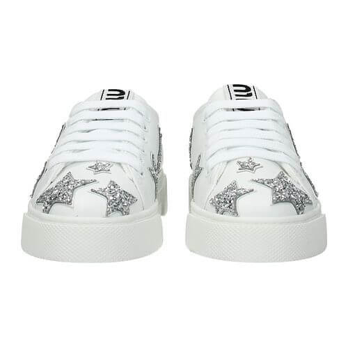 ミュウミュウ スニーカー コピーレザースニーカーシルバーラミネートレザーとグリッター星